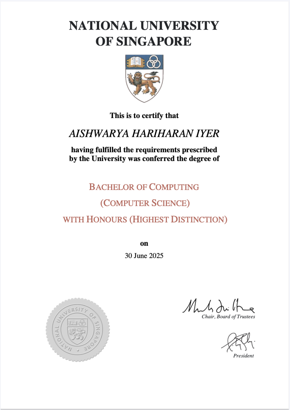 Bachelor of Computing (Computer Science) with Honours (Highest Distinction)