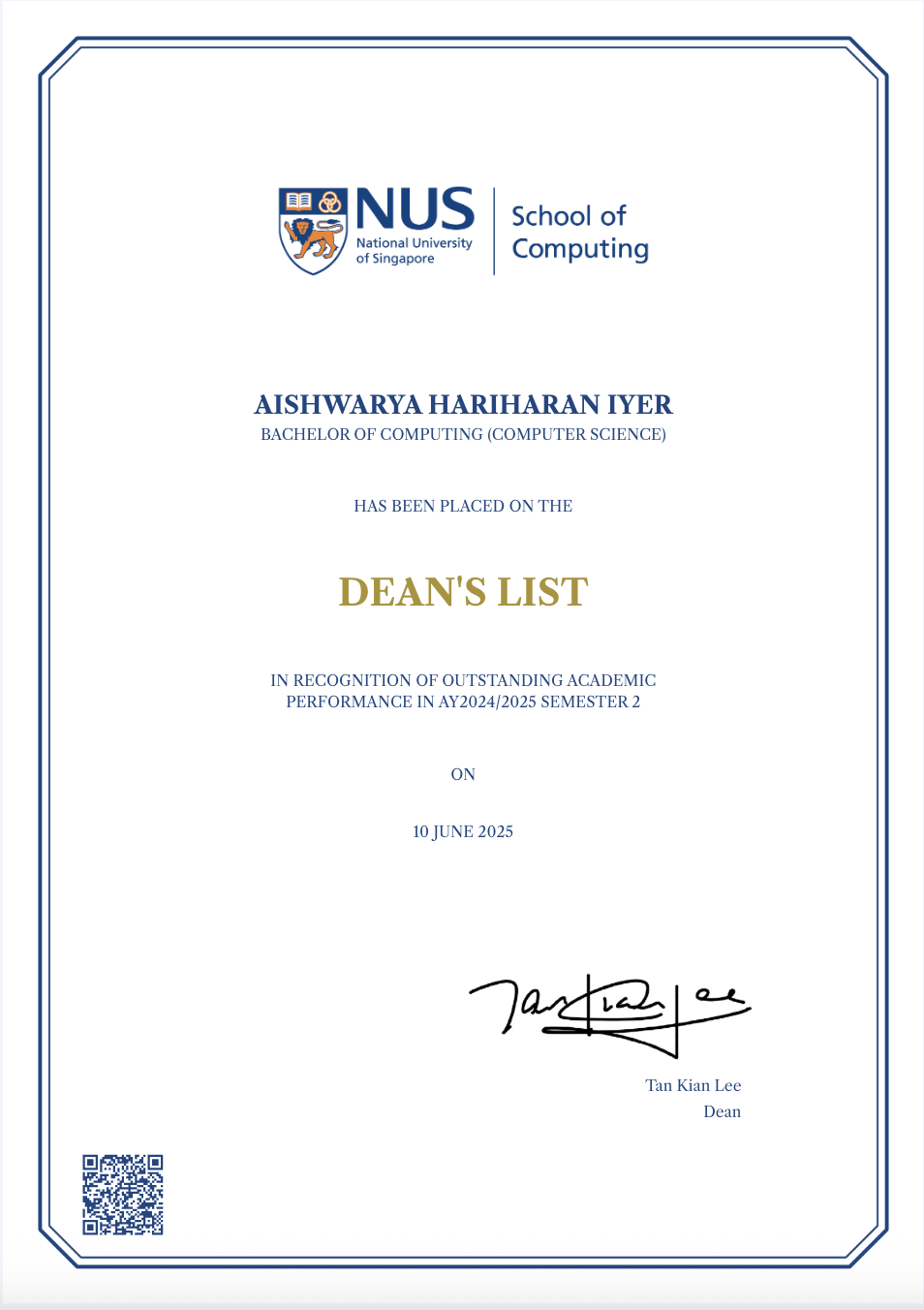 Dean’s List (June, 2025)